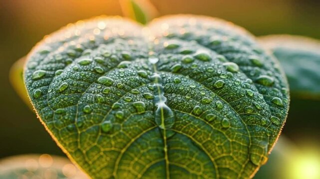 Extreme close-up macro shot of a textured green leaf covered in dew. A heavy water droplet falls onto the surface, causing the leaf to shake and vibrate. Soft golden backlight with bokeh.