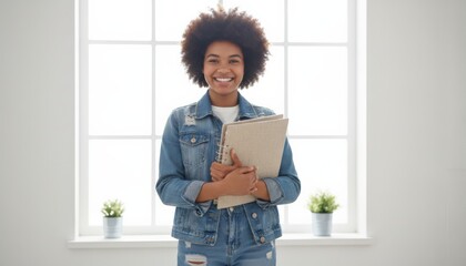 Smiling Student Holding Notebooks And Folders By Sunlit Window, Poised And Prepared For Coursework, Clean Minimalist Interior And Confident Expression Convey Readiness For Semester