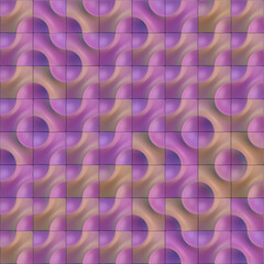 Digital illustration of tiles with a colorful repeating pattern of wavy lines and circles in yellow and purple. Perfect background for digital designs. 3d rendering