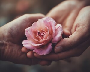 Jewelry skincare ad close-up, elegant hands exchanging rose, shallow depth highlights skin texture and luxury