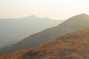 India, Maharashtra, Pune, Beautiful Layer of Sahyadri Mountain Range View from Sinhagad Fort.