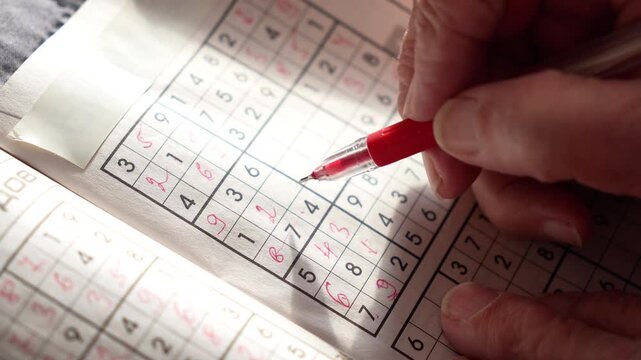old woman, pensioner, grandmother solves Sudoku crosswords and writes numbers in a journal with a red pen. entertainment for pensioners, leisure for the elderly, brain activity, thinking,mental health