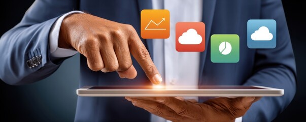 Businessman touches tablet with cloud and analytics icons, showcasing modern digital technology and data
