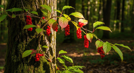 Schisandra berries red forest vine nature tree wild chinensis medicinal plant growing on a mossy trunk in sunny woods. Organic ripe herbal fruit clusters on climbing branch in autumn sunshine.