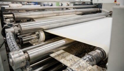 Medium shot of inline edge trimming on a narrow web rotary blades precisely cutting paper edges with suction removing waste debris for clean production.