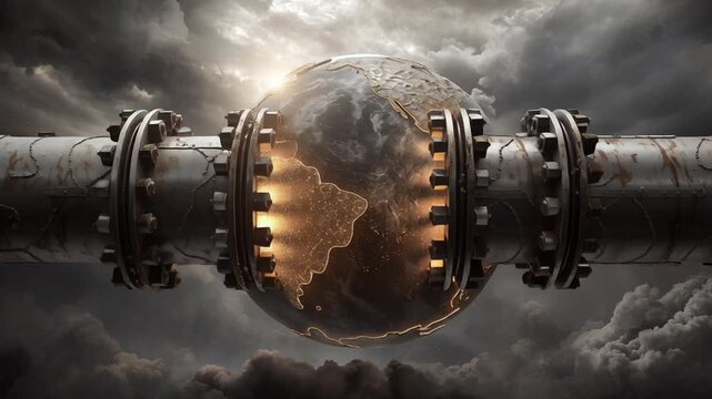 Cinematic oil war global energy security concept, interconnected oil pipelines forming a protective network around a glowing fractured globe, tension-filled atmosphere with dark clouds and controlled 