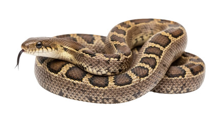 Obraz premium Brown and tan gopher snake coiled with tongue out isolated PNG, reptile on transparent background for wildlife and nature designs