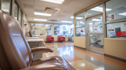 Enclosed room featuring a phlebotomy chair in sharp focus with specimen passthrough windows faintly visible in the outoffocus background.