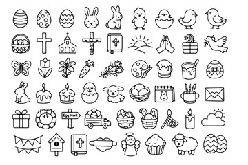 Easter and Spring Holiday Doodle Icons Set, Bunny, Egg, Basket and Celebration Line Art Vector