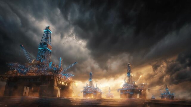 Cinematic oil war political power concept, towering oil rigs and pipelines arranged like symbols of authority, dark storm clouds and dramatic light rays, glowing energy flowing through structures