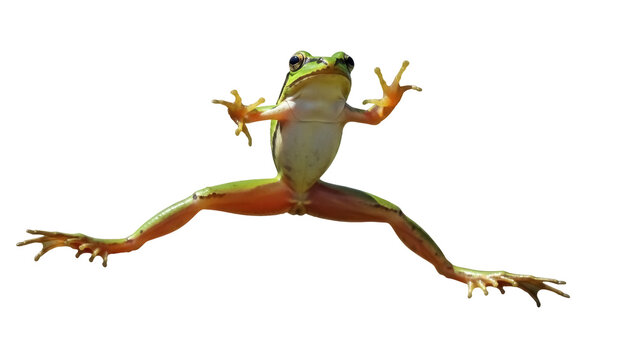Green tree frog isolated PNG on transparent background, amphibian with spread legs and toes for wildlife and nature designs