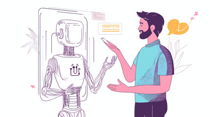 Fototapeta premium Man Interacting with Robot Illustration.