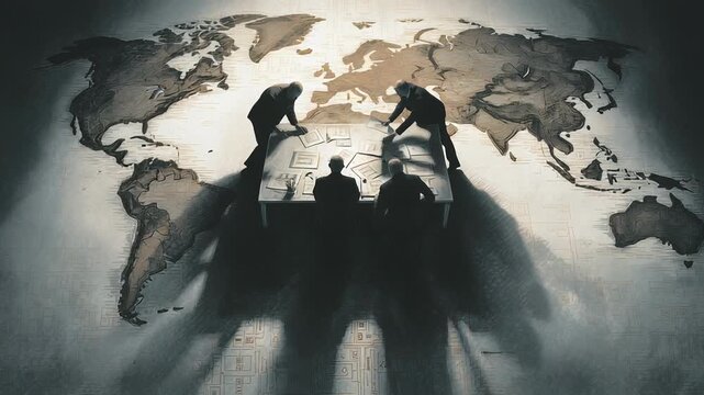 Conceptual illustration of geopolitical oil conflict shown through shadowy figures around a large table made of steel and oil, documents and charts glowing faintly, atmosphere of tension and uncertain