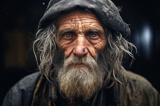 Close up portrait of an elderly man with a long beard and weathered face