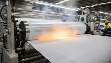 Fabric calendaring process of polyester material highlighting heated rollers smoothing synthetic fibers for a glossy finish in industrial setting.