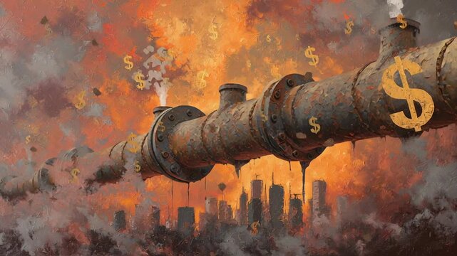 Detailed oil painting illustration showing an unstable financial landscape, oil pipelines cracking through abstract city silhouettes, floating currency symbols fading into smoke, warm and cold tones 