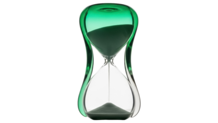 Green glass hourglass with sand isolated PNG, time management concept for deadlines and productivity, on transparent background