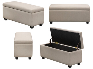 Real upholstered ottoman stool photographed in studio and isolated on transparent background