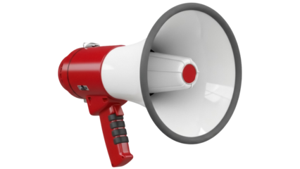 Red and white megaphone PNG isolated on transparent background, bullhorn loudspeaker for announcements and emergency situations