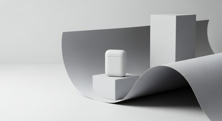 Minimalist product presentation of white wireless earbuds on a neutral backdrop