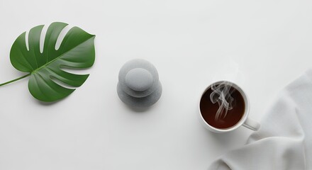 Minimalist still life green leaf gray object coffee cup on white surface