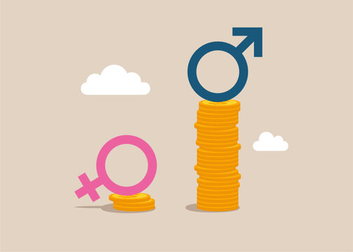 Male standing on much more paid money coins, female on less small income coin Gender pay gap, salary or income, issue about gender diversification.