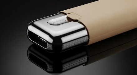Modern metal device with a reflective surface against a dark background