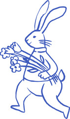Fototapeta premium Cute hand-drawn Easter bunny walking with flowers. Minimal blue line art in a naive folk art style. 