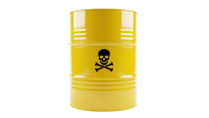 Yellow barrel with skull and crossbones isolated PNG, toxic waste container for hazardous materials and environmental safety