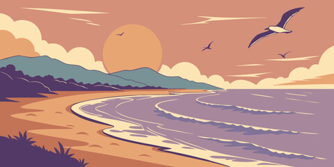 Abstract Sunset Landscape Flat Vector Background