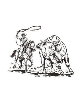 Vintage western cowboy roping bull line art illustration