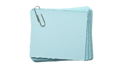 Stack of light blue paper notes with paperclip isolated PNG, memo pad for reminders and organization on transparent background