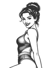 retro-style woman in a swimsuit, smiling with vintage charm and playful attitude sketch engraving generative ai fictional character vector illustration. Scratch board imitation. Black and white image.