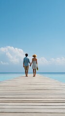 Fototapeta premium Couple holding hands while walking down a picturesque pier during a tropical vacation, soaking in stunning ocean views and a bright sunny sky, eagerly anticipating exciting watersports