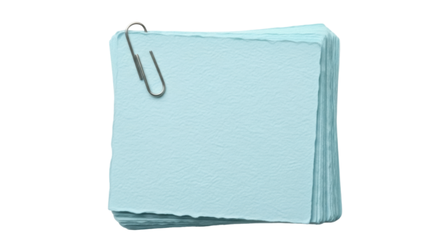Stack of light blue paper notes with paperclip isolated PNG, memo pad for reminders and organization on transparent background - Powered by Adobe