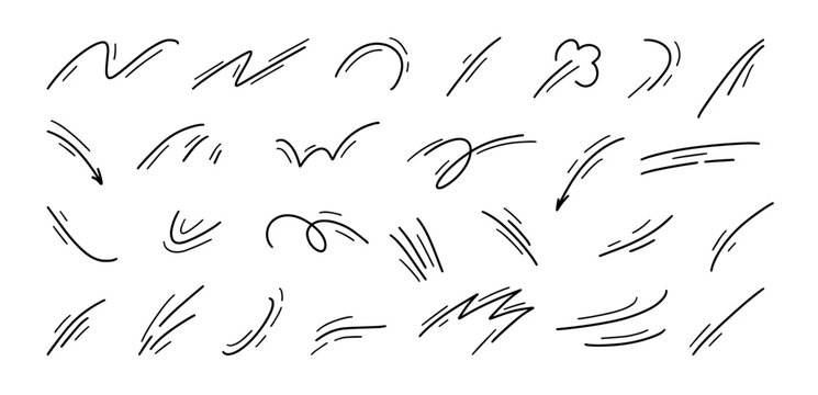 Speed motion doodle set. Sketch wind swoosh trails and fast dynamic curves for comic action, anime impact effects, cartoon manga energy highlight, gust. Hand drawn kinetic strokes vector isolated set