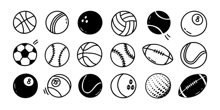 Sport balls doodle. Hand drawn soccer, basketball and football, volleyball and tennis, baseball and cricket, softball and bowling, billiard and rugby sketch game equipment. Vector isolated set