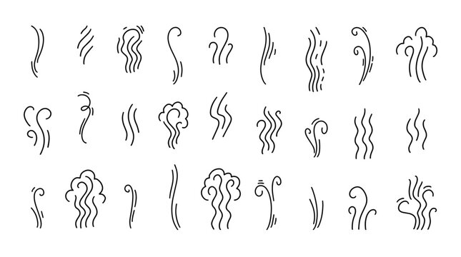 Steam and scent doodle, line swirls and aroma flourishes for bakery menu, outline hot coffee smell for cafe or restaurant design. Air wavy flow, fume and vapor smoke cloud isolated sketch vector set