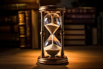 Hourglass marking time passing on a wooden desk with vintage books in the background