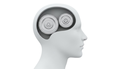 Human head with gears inside isolated PNG, representing thinking process and mental activity on transparent background, concept of intelligence
