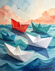 Paper Boats Floating on Water - A Colorful and Playful Scene.