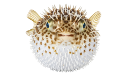 Spiky pufferfish PNG isolated on transparent background, blowfish with spines and spotted pattern, marine wildlife