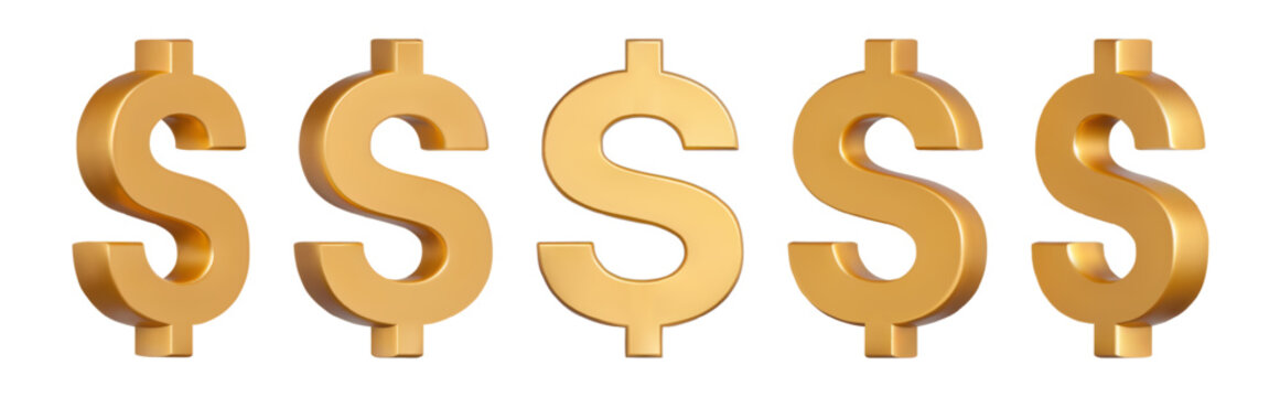 Golden dollar sign. 3D realistic gold dollar symbol views for finance banking banners, investment app UI and e-commerce payment or marketing presentation. Metallic money icon vector isolated set