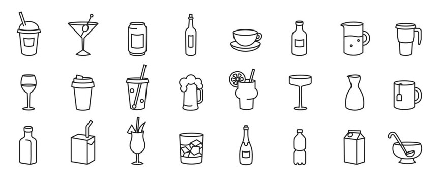 Drink and beverage line icons. Doodle alcoholic cocktail, beer and bottle, cup. Takeaway coffee and tea, wine and juice, soda. Smoothie, milkshake and cola, lemonade. Vector isolated set