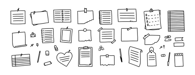 Sticky notes doodles, notebook outline icons. Hand drawn paper scraps and push pins for office reminder, school planner, task list. Simple sketch vector set of torn memo label vector isolated mockups