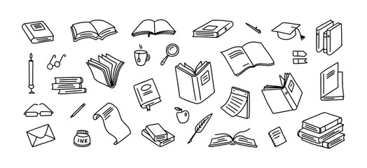 Books doodles. Hand drawn book stacks and graduation caps for education concept, school sticker and library or learning art. Doodle symbols for reading, knowledge elements vector isolated set