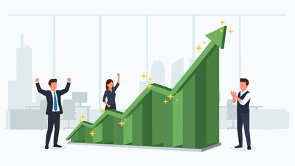 Fototapeta premium Business growth vector illustration celebrating success with rising green chart and excited people