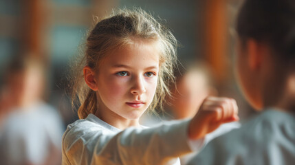 Young girl practicing focused martial arts techniques during a training session with a partner in a well-lit indoor gym environment