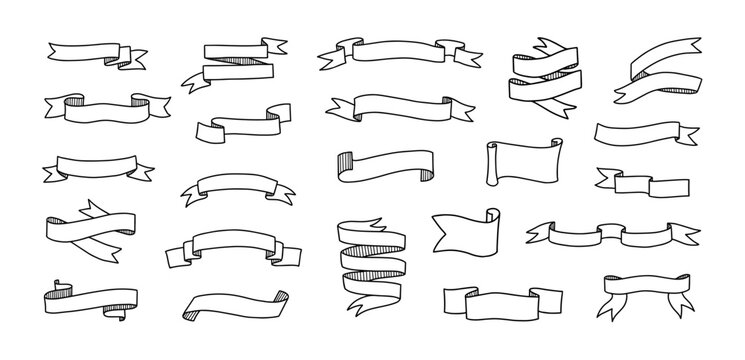 Ribbon banner doodle set. Hand drawn curly ribbon dividers and folded labels for vintage certificate templates, retro decorative invitation, greeting card header, menu frame. Isolated vector set