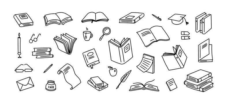 Books doodles. Hand drawn book stacks and graduation caps for education concept, school sticker and library or learning art. Doodle symbols for reading, knowledge elements vector isolated set